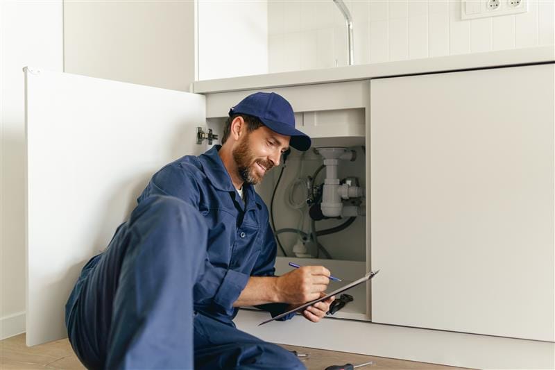 Residential plumber reviewing plumbing repairs in a Holiday kitchen