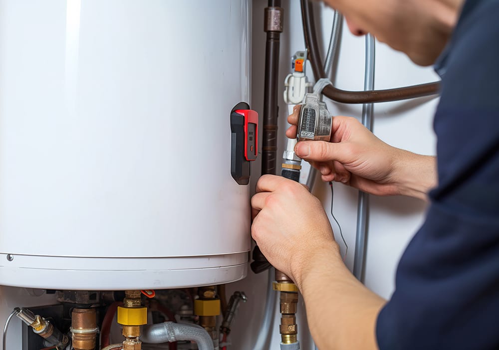 Technician repairing pipes connected to a water heater in Holiday
